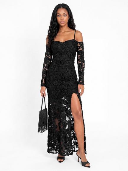 Maya Deluxe Cold Shoulder Floral Mesh Maxi Dress, Black, Black