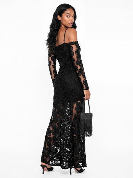 Maya Deluxe Cold Shoulder Floral Mesh Maxi Dress, Black - view 2, Black