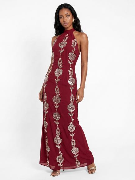 Maya Deluxe Floral Embellished Halter Open Back Maxi Dress, Red/Multi, Red/Multi
