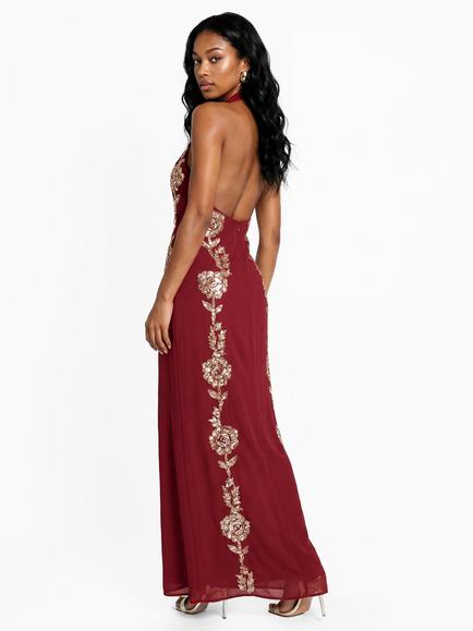 Maya Deluxe Floral Embellished Halter Open Back Maxi Dress, Red/Multi - view 2, Red/Multi