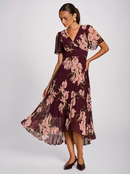 Jolie Moi Floral Chiffon Maxi Dress, Burgundy, Burgundy