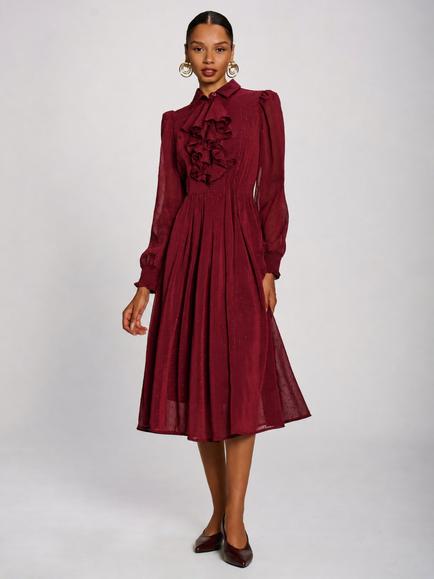 Jolie Moi Ruffle Chiffon Shirt Dress, Burgundy, Burgundy
