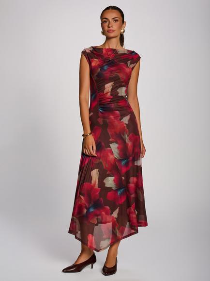 Jolie Moi Blurred Floral Mesh Maxi Dress, Brown, Brown