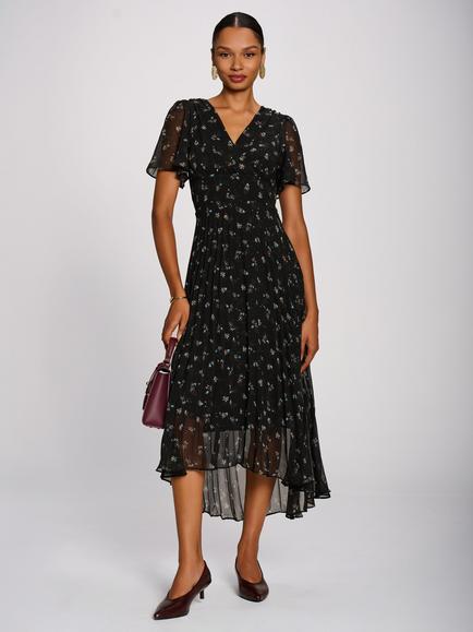 Jolie Moi Floral Pleated Asymmetric Hem Dress, Black Floral, Black Floral