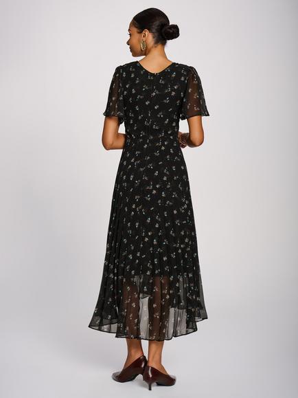 Jolie Moi Floral Pleated Asymmetric Hem Dress, Black Floral - view 2, Black Floral