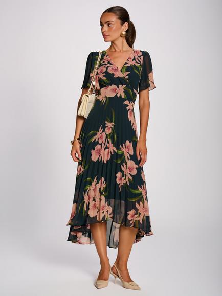 Jolie Moi Floral Pleated V-Neck Dress, Teal, Teal