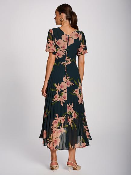 Jolie Moi Floral Pleated V-Neck Dress, Teal - view 2, Teal