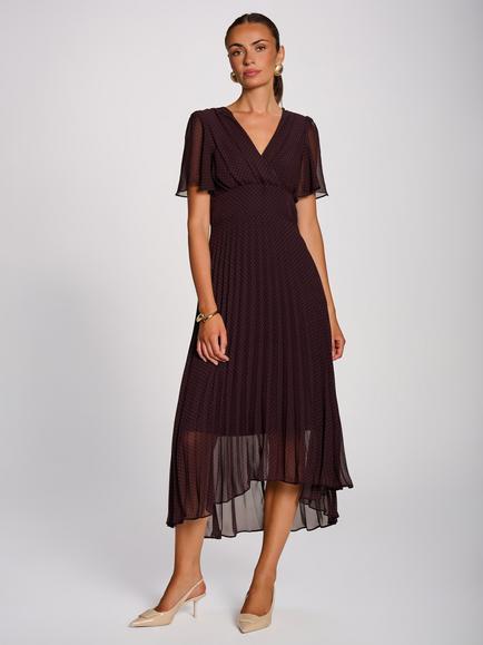 Jolie Moi Polka Dot Pleated High Low Hem Dress, Dark Brown, Dark Brown