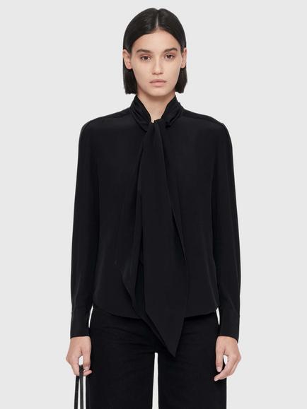 AllSaints Iris Silk Tie Neck Shirt, Black