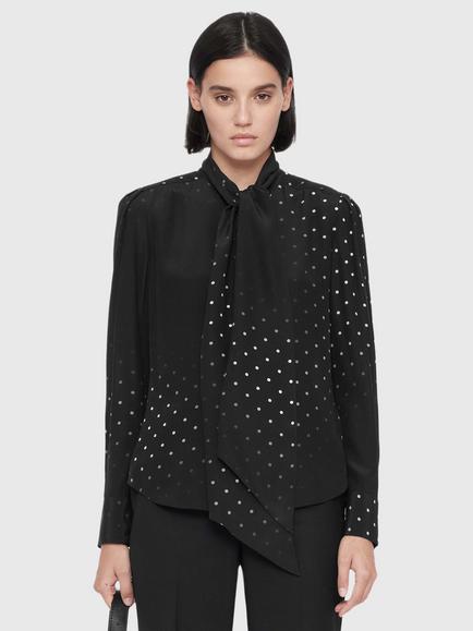 AllSaints Iris Silk Polka Dot Tie Neck Shirt, Black, Black