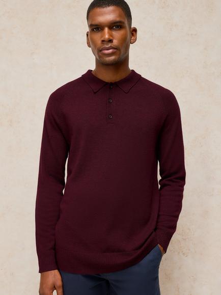 White Stuff Newport Merino Wool Long Sleeve Polo Top, Purple, Purple