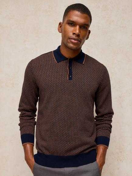 White Stuff Brecon Merino Wool Rich Jacquard Polo Jumper, Brown/Multi, Brown/Multi