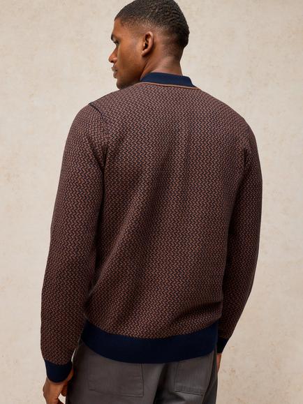 White Stuff Brecon Merino Wool Rich Jacquard Polo Jumper, Brown/Multi - view 2, Brown/Multi