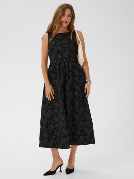 KAFFE Kacorbina Floral Boat Neck Midi Dress, Black, Black