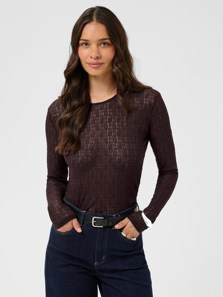 KAFFE Kaallison Semi-Sheer Long Sleeve Top, Fudge, Fudge