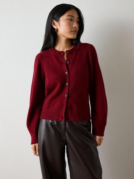 Whistles Wool Blend Puff Sleeve Cardigan, Dark Red, Dark Red