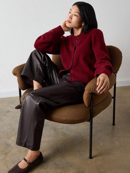 Whistles Wool Blend Puff Sleeve Cardigan, Dark Red - view 2, Dark Red