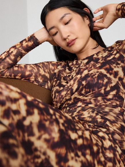 Whistles Petite Abstract Animal Print A-Line Midi Dress, Brown/Multi - view 2, Brown/Multi