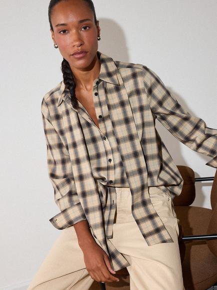 Whistles Detachable Scarf Check Shirt, Brown/Multi - view 2, Brown/Multi