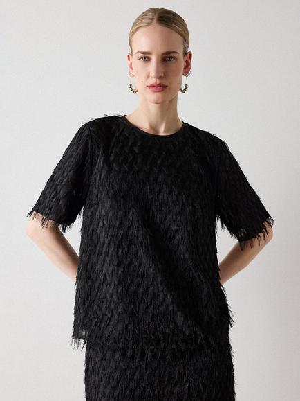 Whistles Fringe Textured Short Sleeve Top, Black, Black