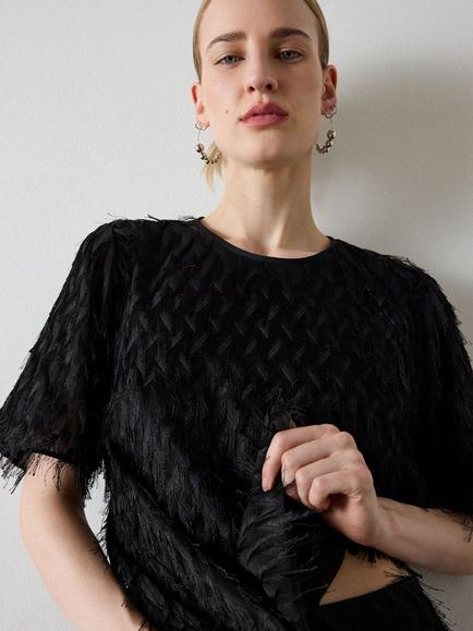 Whistles Fringe Textured Short Sleeve Top, Black - view 2, Black
