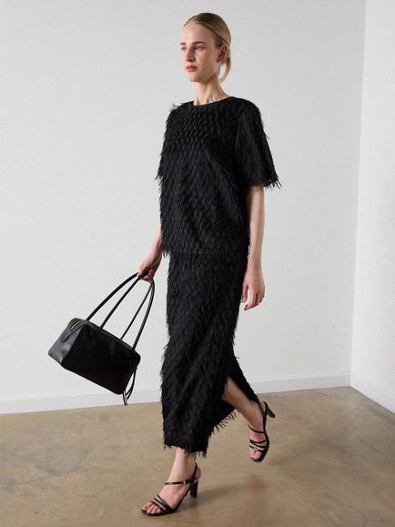 Whistles Fringe Textured Midid Skirt, Black, Black