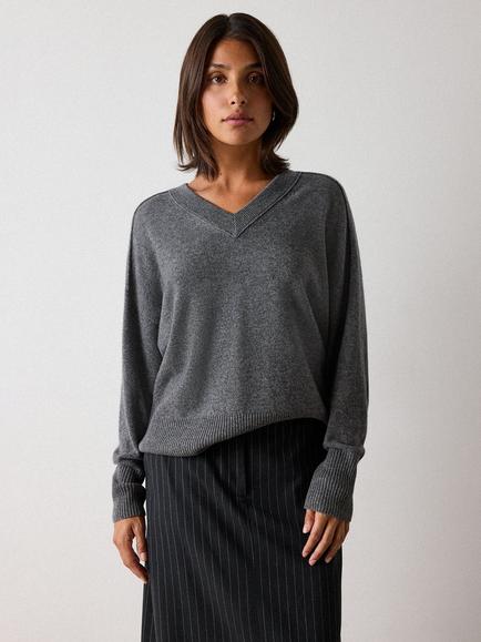 Whistles Pure Cashmere Seam V-Neck Jumper, Grey Marl, Grey Marl