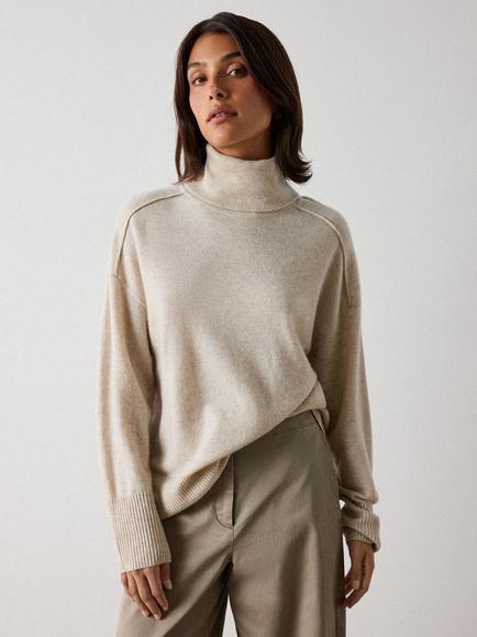 Whistles Pure Cashmere Seam Roll Neck Jumper, Oatmeal, Oatmeal