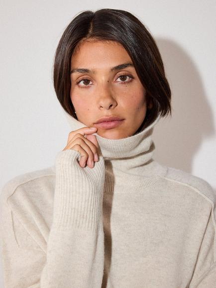 Whistles Pure Cashmere Seam Roll Neck Jumper, Oatmeal - view 2, Oatmeal