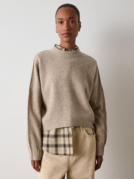 Whistles Curved Hem Round Neck Wool Jumper, Neutral, Neutral