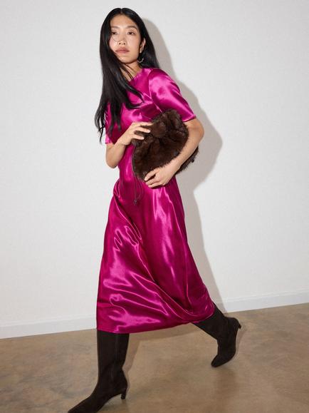 Whistles Avery Satin Twist Midi Slip Dress, Pink, Pink