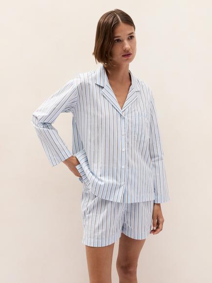 The White Company Cotton Poplin Stripe Relaxed Pyjama Top, Light Blue, Light Blue