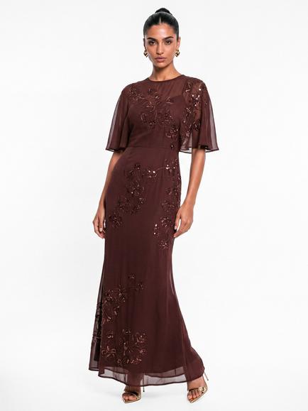 Maya Deluxe Floral Sequin Maxi Dress, Espresso, Espresso