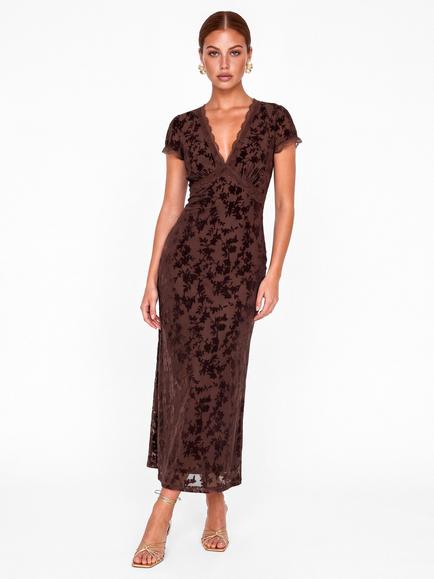 Maya Deluxe Floral Velvet Devore V-Neck Dress, Chocolate, Chocolate