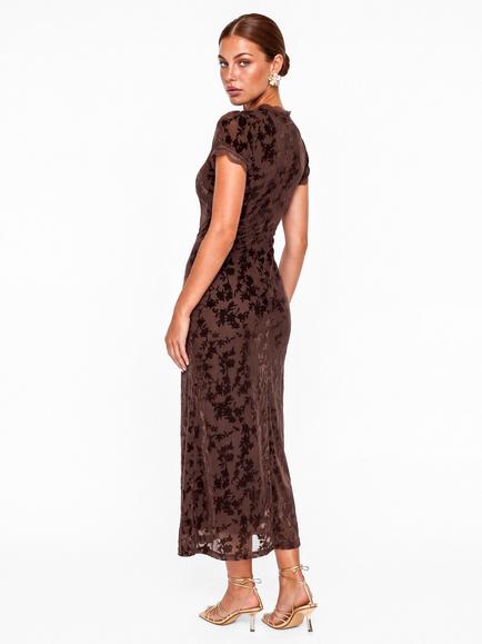 Maya Deluxe Floral Velvet Devore V-Neck Dress, Chocolate - view 2, Chocolate