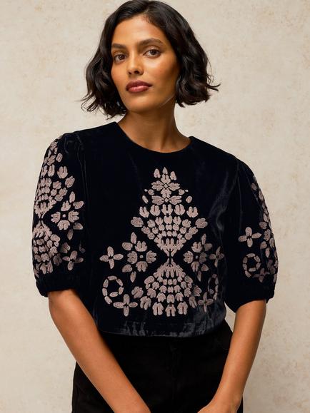 White Stuff Kai Velour Floral Embroidered Short Sleeve Blouse, Black/Multi, Black/Multi