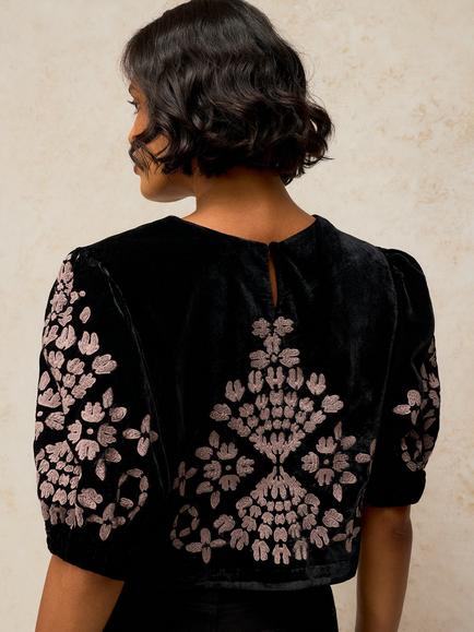 White Stuff Kai Velour Floral Embroidered Short Sleeve Blouse, Black/Multi - view 2, Black/Multi
