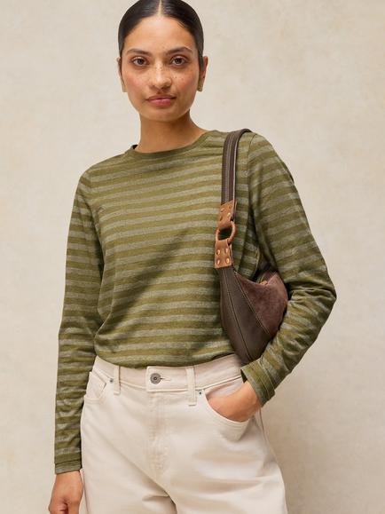 White Stuff Clara Sparkle Striped Long Sleeve Top, Green/Multi