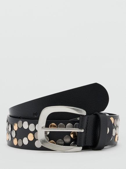 Mango Studded Leather Belt, Black, Black