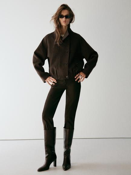 Mango Funnel Neck Cropped Bomber Jacket, Chocolate, Chocolate