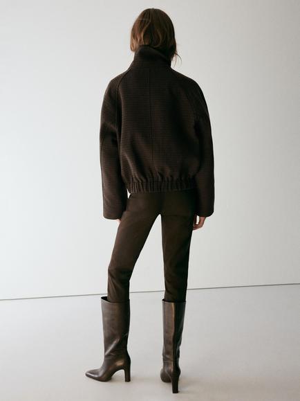 Mango Funnel Neck Cropped Bomber Jacket, Chocolate - view 2, Chocolate