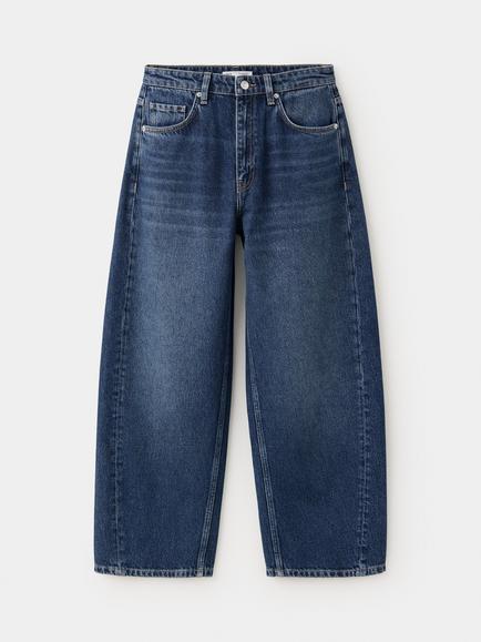 Mango High Rise Barrel Leg Cropped Jeans, Navy
