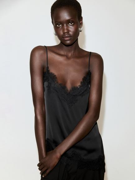 Mango Asymmetric Lace Slip Camisole, Black, Black