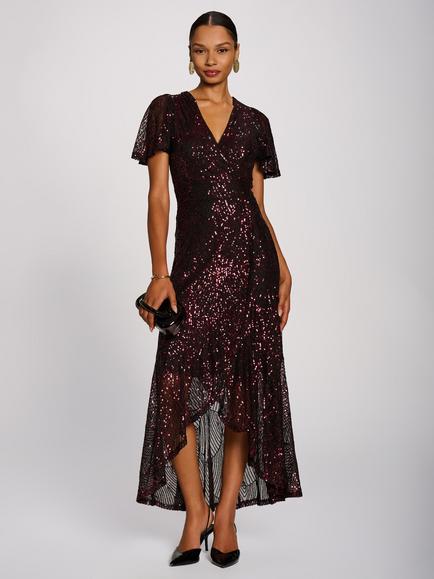 Jolie Moi Angel Sleeve Sequin Maxi Dress, Burgundy, Burgundy