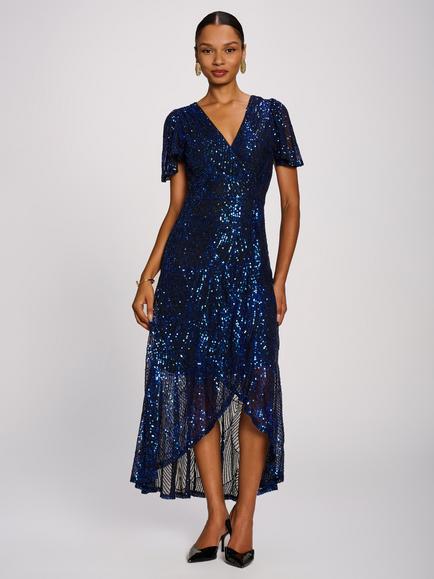 Jolie Moi Dip Hem Sequin Maxi Dress, Royal Blue, Royal Blue