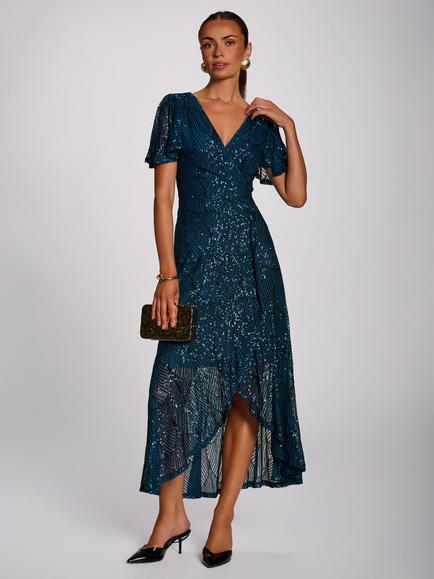 Jolie Moi Flare Hem Sequin Maxi Dress, Deep Teal, Deep Teal