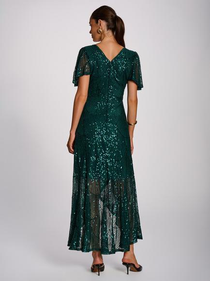 Jolie Moi Flare Hem Sequin Maxi Dress, Dark Green - view 2, Dark Green