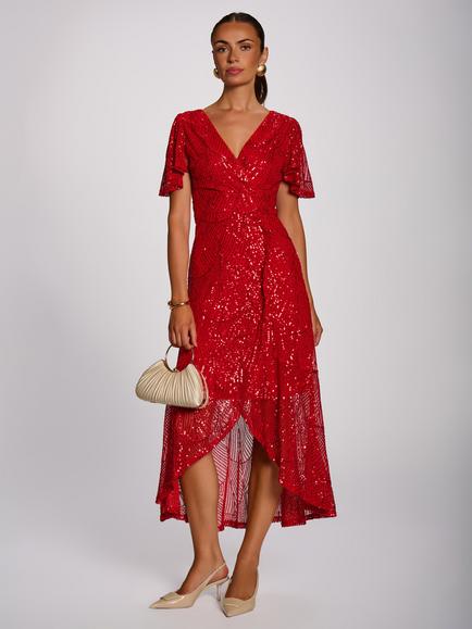 Jolie Moi Flare Hem Sequin Maxi Dress, Scarlet Red, Scarlet Red
