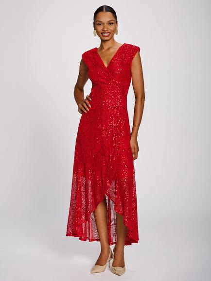 Jolie Moi Sequin Sleeveless V-Neck Flare Hem Maxi Dress, Scarlet Red, Scarlet Red