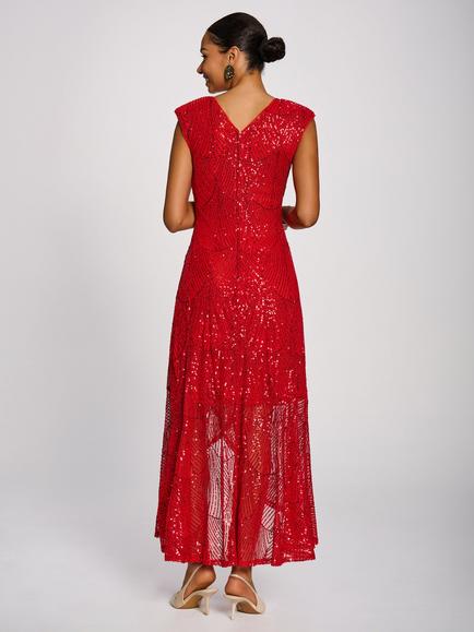 Jolie Moi Sequin Sleeveless V-Neck Flare Hem Maxi Dress, Scarlet Red - view 2, Scarlet Red